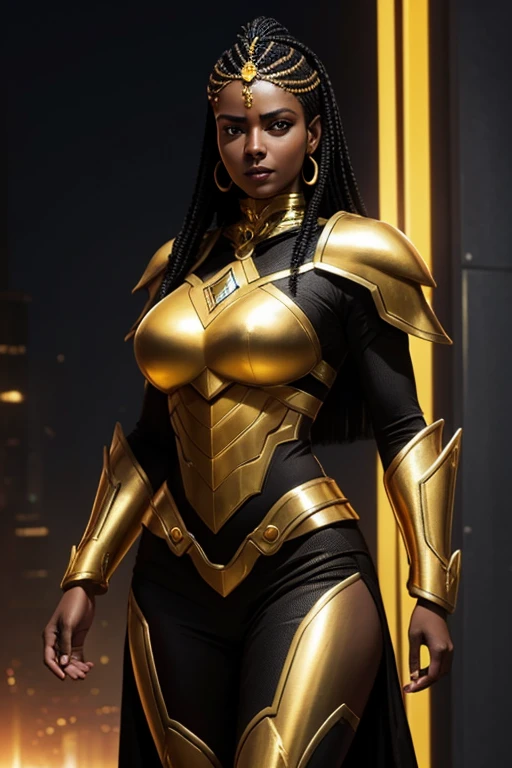 Ethiopian woman, ethnically Ethiopian, muscular and athletic woman, in early thirties, wearing black and gold luxtech, ethnic jewelry, wearing black and gold futuristic power armor that has no helmet, cyberpunk themed, combat ready mercenary