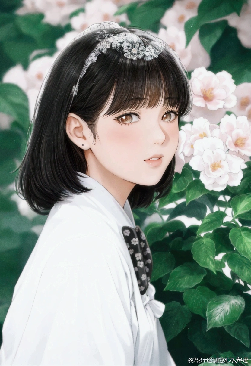 manga style, there is a young woman standing in front of a bush of flowers, jinyoung shin, white hime cut hairstyle, by Torii Kiyomoto, ulzzang, sakimichan, neat hair with bangs, kim doyoung, with short hair, jaeyeon nam, chiho, sui ishida with black hair, with cute - fine - face, with bangs