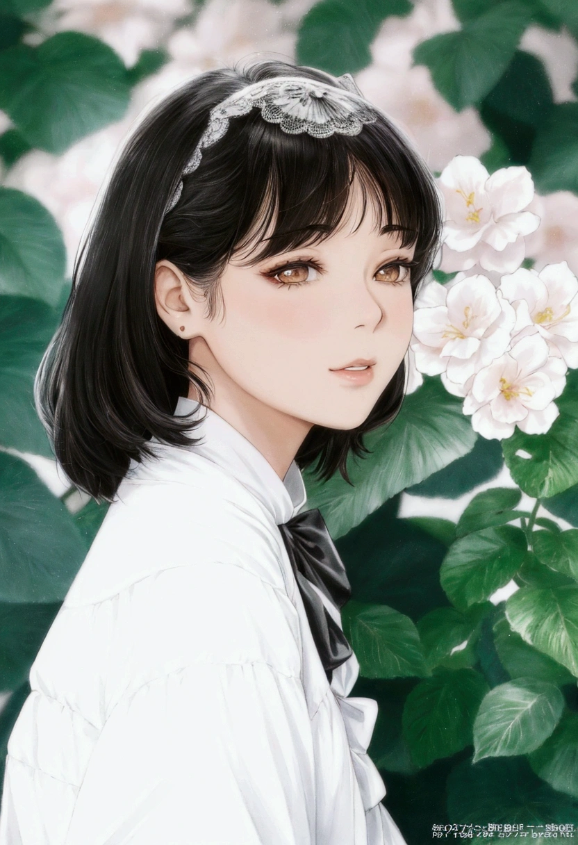 manga style, there is a young woman standing in front of a bush of flowers, jinyoung shin, white hime cut hairstyle, by Torii Kiyomoto, ulzzang, sakimichan, neat hair with bangs, kim doyoung, with short hair, jaeyeon nam, chiho, sui ishida with black hair, with cute - fine - face, with bangs