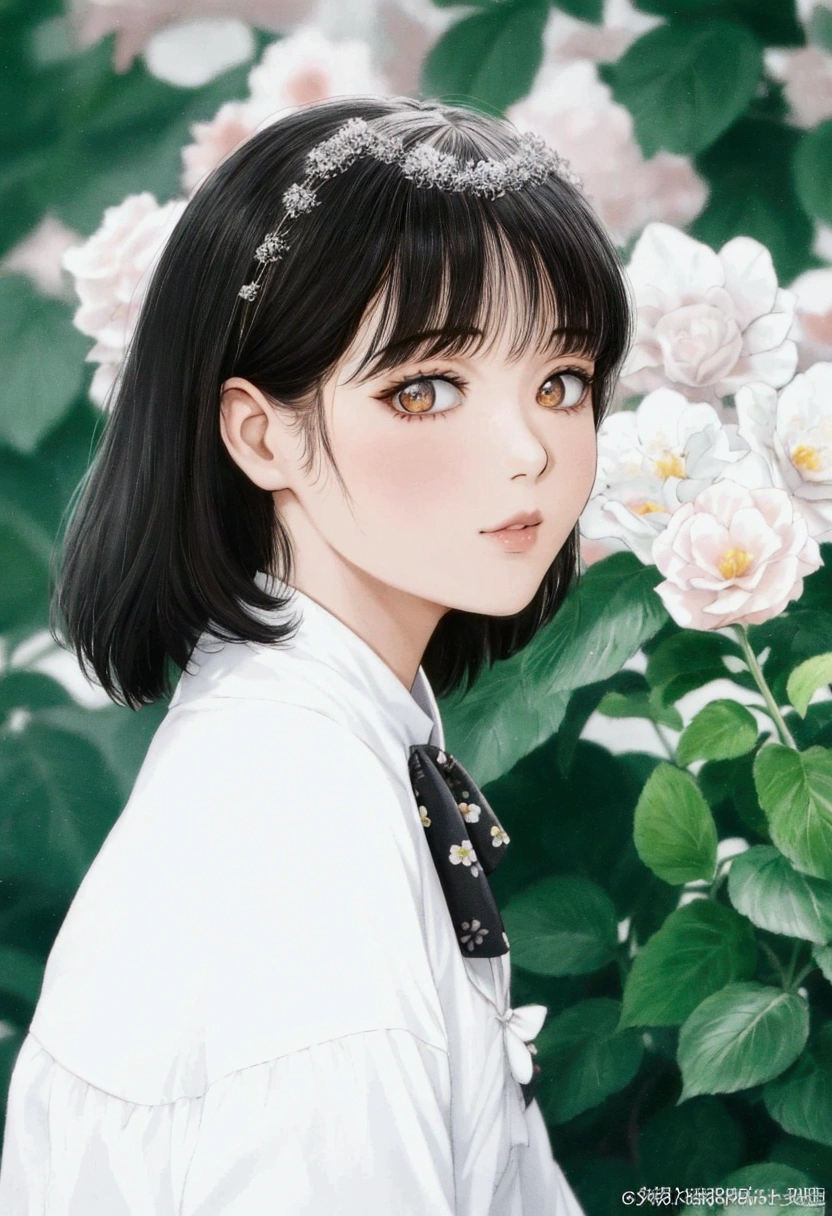 manga style, there is a young woman standing in front of a bush of flowers, jinyoung shin, white hime cut hairstyle, by Torii Kiyomoto, ulzzang, sakimichan, neat hair with bangs, kim doyoung, with short hair, jaeyeon nam, chiho, sui ishida with black hair, with cute - fine - face, with bangs