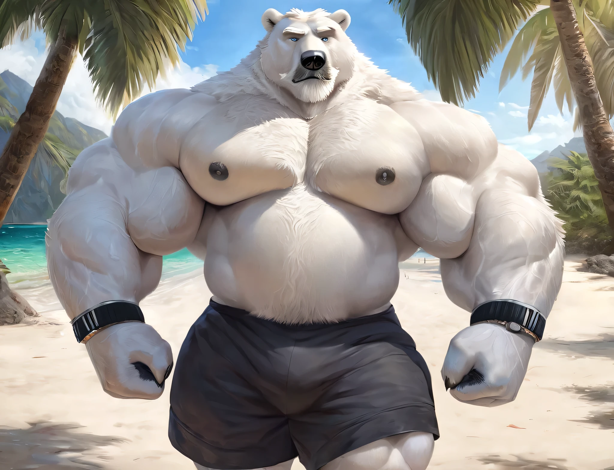 huge muscular polar bear Dad in Tropical Beach, big smirk, polar bear, huge white fur, thick arm, huge arm, bearded. Short white hair and white beard, white mustache, bearded white, (muscular, pectoral, wide pectoral, thick arms), correct anatomy, beach, palm, realistic, detailed grey eyebrows, deatiled eyes with blue pupils, 8k, masterpiece, (wearing black shorts, wristband, watch and shirtless), straining, gainig massive muscle power