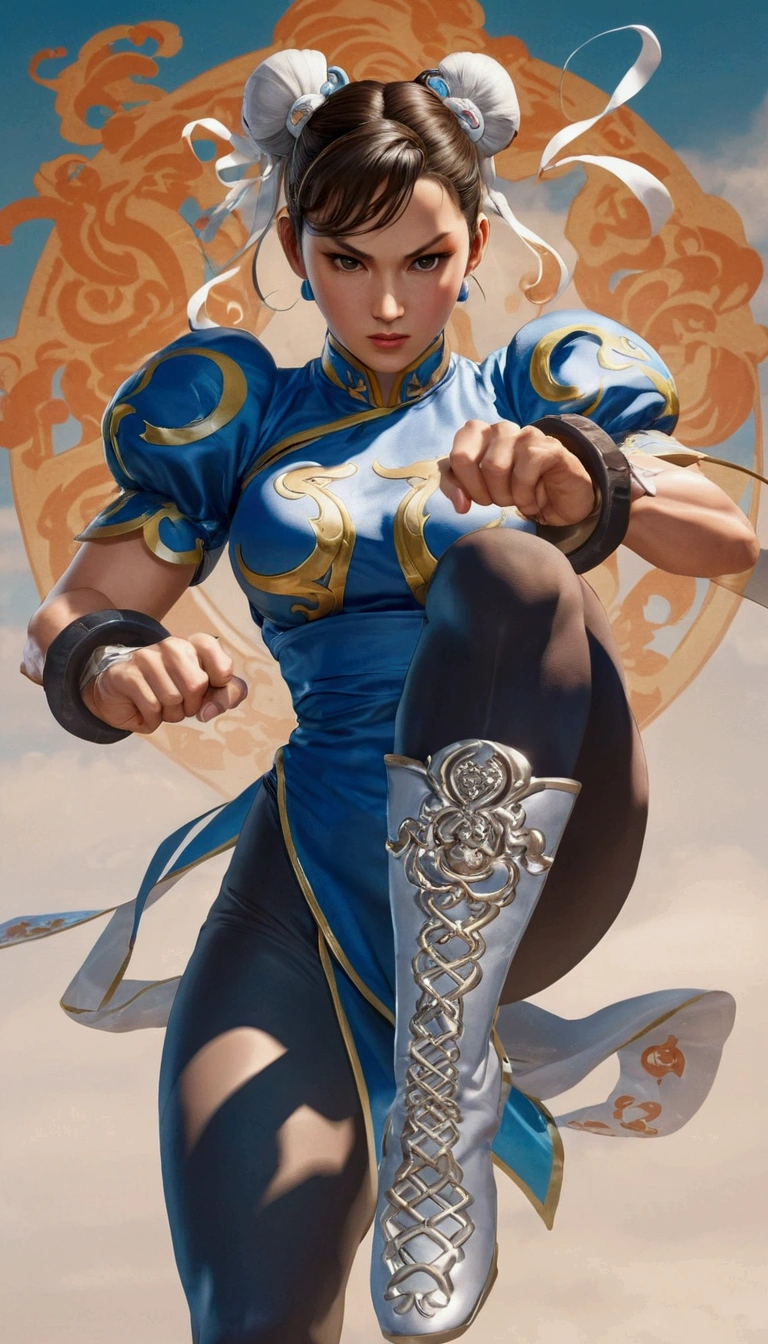 Arafe woman chun-li solo with ponytail haighting Game Fightetness Model、Big breasts about to burst、No exposed skin、thin and long legs,、Fitness Body Shape、Pose ready to fight、battle look, close up 