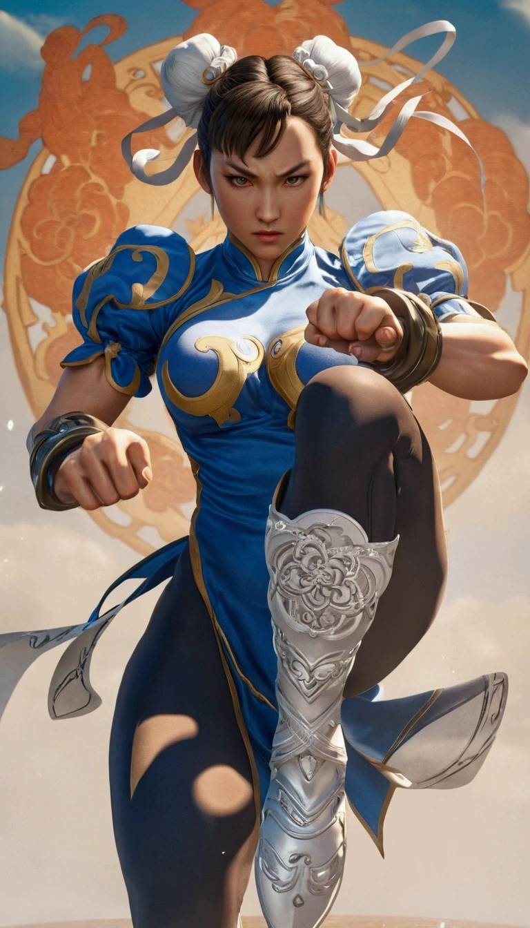 Arafe woman chun-li solo with ponytail haighting Game Fightetness Model、Big breasts about to burst、No exposed skin、thin and long legs,、Fitness Body Shape、Pose ready to fight、battle look, close up 