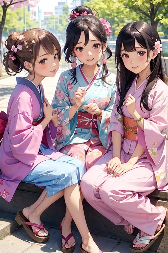 highest quality、High resolution、Detailed Background、(Beautiful face in every detail:1.4)、Anatomically correct、(Draw the usual number of fingers:1.2)、(Detailed facial expressions)、(Detailed eyes:1.2)、(Detailed eyes:1.2)、Beautiful, smooth skin、Teenage beauty、(Three Women)、(Highly detailed face:1.4)、well-groomed eyebrows、
Adult Style、Sunny outdoors、

(Three beautiful girls having fun with their friends:1.5)、

For the color of the kimono, choose soft colors such as pretty pink, pale cherry blossom, and light blue to create a girly impression.、
Cherry blossoms and plum blossoms are timeless and long-loved patterns.、Small floral patterns are recommended.、
like々To bring out your beauty, it is a good idea to choose a kimono with a bright background color and a gorgeous pattern.、

Choose the color and pattern of the obi while considering how it will coordinate with your kimono.、
To emphasize cuteness, we recommend obi in soft colors or designs with small floral patterns or ribbons.、

You can also add a cute touch to your geta.、
Choose sandals with colorful floral patterns, glitter, or ribbons to add a touch of glamour to your feet.、

Simple and elegant accessories go well with Japanese clothing.、
Wearing earrings or a necklace with a small flower motif and a thin bracelet on your wrist will make you look even cuter.、
For hair accessories, try incorporating small hairpins or kanzashi with cherry blossom or plum blossom motifs.、

Consider an updo or a bun hairstyle that matches the design of your kimono and your personality.、
You can enjoy unique styling with hair accessories and hairpins.、

Add pink or cherry blossom blush to your natural and clean base makeup.、
Use soft colored eyeshadows to add a touch of glamour to your eyes.、
For your lips, choose a pale pink or cherry blossom color to make yourself look even cuter.
