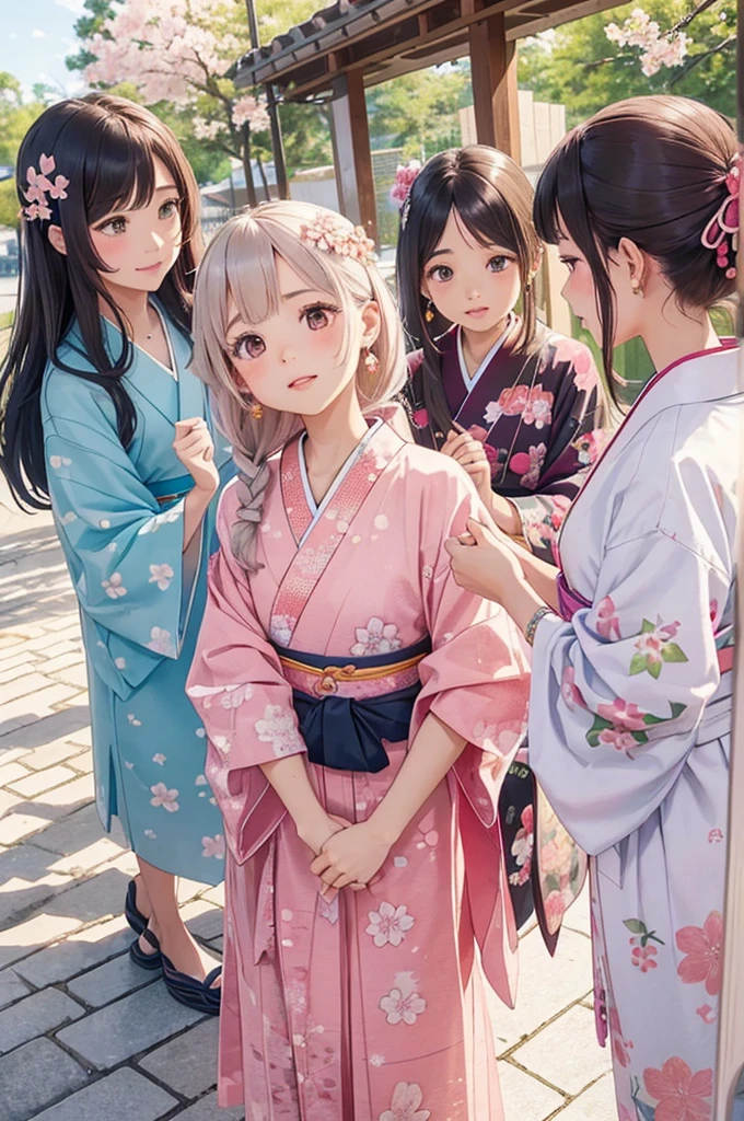highest quality、High resolution、Detailed Background、(Beautiful face in every detail:1.4)、Anatomically correct、(Draw the usual number of fingers:1.2)、(Detailed facial expressions)、(Detailed eyes:1.2)、(Detailed eyes:1.2)、Beautiful, smooth skin、Teenage beauty、(Three Women)、(Highly detailed face:1.4)、well-groomed eyebrows、
Adult Style、Sunny outdoors、

(Three beautiful girls having fun with their friends:1.5)、

For the color of the kimono, choose soft colors such as pretty pink, pale cherry blossom, and light blue to create a girly impression.、
Cherry blossoms and plum blossoms are timeless and long-loved patterns.、Small floral patterns are recommended.、
like々To bring out your beauty, it is a good idea to choose a kimono with a bright background color and a gorgeous pattern.、

Choose the color and pattern of the obi while considering how it will coordinate with your kimono.、
To emphasize cuteness, we recommend obi in soft colors or designs with small floral patterns or ribbons.、

You can also add a cute touch to your geta.、
Choose sandals with colorful floral patterns, glitter, or ribbons to add a touch of glamour to your feet.、

Simple and elegant accessories go well with Japanese clothing.、
Wearing earrings or a necklace with a small flower motif and a thin bracelet on your wrist will make you look even cuter.、
For hair accessories, try incorporating small hairpins or kanzashi with cherry blossom or plum blossom motifs.、

Consider an updo or a bun hairstyle that matches the design of your kimono and your personality.、
You can enjoy unique styling with hair accessories and hairpins.、

Add pink or cherry blossom blush to your natural and clean base makeup.、
Use soft colored eyeshadows to add a touch of glamour to your eyes.、
For your lips, choose a pale pink or cherry blossom color to make yourself look even cuter.