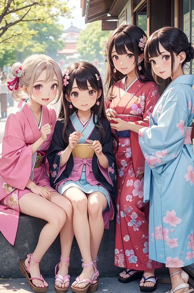 highest quality、High resolution、Detailed Background、(Beautiful face in every detail:1.4)、Anatomically correct、(Draw the usual number of fingers:1.2)、(Detailed facial expressions)、(Detailed eyes:1.2)、(Detailed eyes:1.2)、Beautiful, smooth skin、Teenage beauty、(Three Women)、(Highly detailed face:1.4)、well-groomed eyebrows、
Adult Style、Sunny outdoors、
(Three beautiful girls having fun with their friends:1.5)、
For the color of the kimono, choose soft colors such as pretty pink, pale cherry blossom, and light blue to create a girly impression.、
Cherry blossoms and plum blossoms are timeless and long-loved patterns.、Small floral patterns are recommended.、
like々To bring out your beauty, it is a good idea to choose a kimono with a bright background color and a gorgeous pattern.、
Choose the color and pattern of the obi while considering how it will coordinate with your kimono.、
To emphasize cuteness, we recommend obi in soft colors or designs with small floral patterns or ribbons.、
You can also add a cute touch to your geta.、
Choose sandals with colorful floral patterns, glitter, or ribbons to add a touch of glamour to your feet.、
Simple and elegant accessories go well with Japanese clothing.、
Wearing earrings or a necklace with a small flower motif and a thin bracelet on your wrist will make you look even cuter.、
For hair accessories, try incorporating small hairpins or kanzashi with cherry blossom or plum blossom motifs.、
Consider an updo or a bun hairstyle that matches the design of your kimono and your personality.、
You can enjoy unique styling with hair accessories and hairpins.、
Add pink or cherry blossom blush to your natural and clean base makeup.、
Use soft colored eyeshadows to add a touch of glamour to your eyes.、
For your lips, choose a pale pink or cherry blossom color to make yourself look even cuter.
