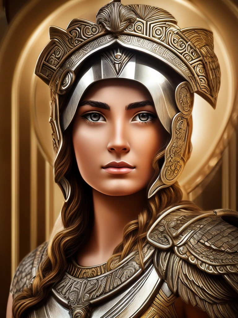 Make a portrait of the goddess Athena's face, only your face appears from the front, with the war helmet made of an owl. The image must be rendered in line style