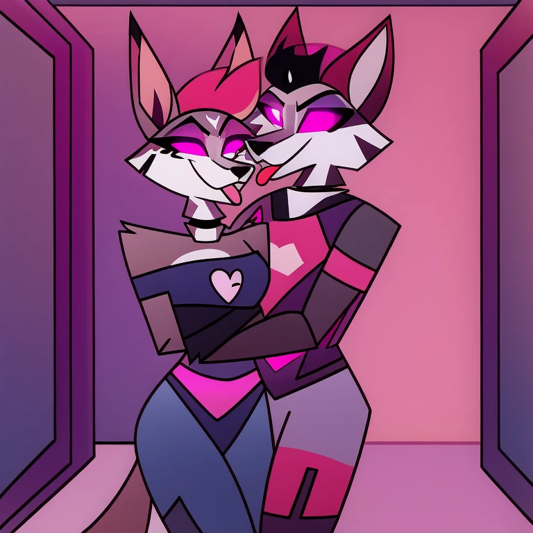 (masterpiece, best quality:1.2), Vortex hellhounds, a couple of male and female, wolves, furry, helluva boss, hypnotized with glowing purple eyes, tongue out, wearing futuristic armor, using a Pulse Rifle, Energy Rifle, Futuristic assault rifle, full body image, giving each other a hug, in a hallway background