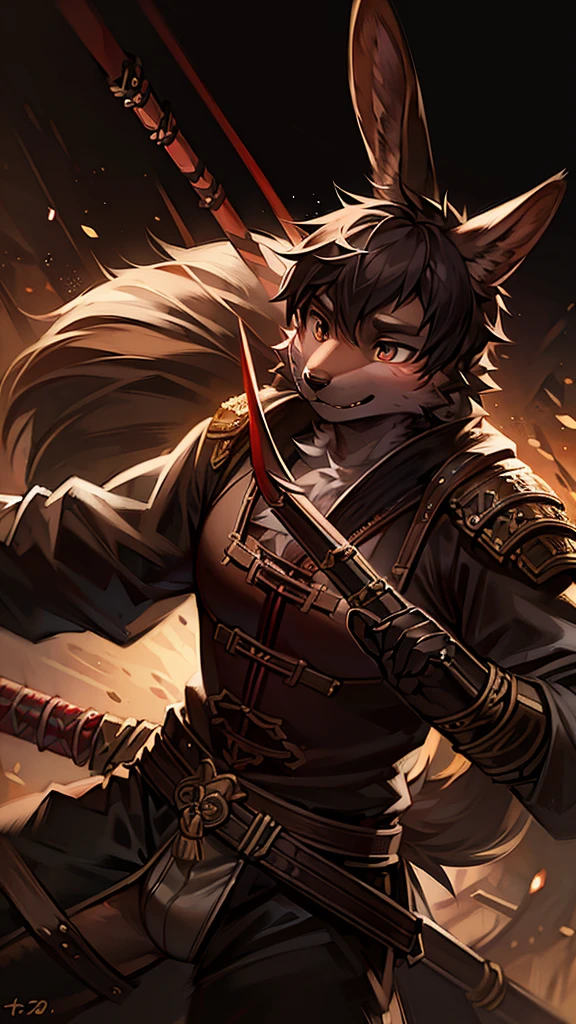 detailed portrait of a black-furred men rabbit holding two katanas wearing a bounty hunter outfit, hyper-realistic, 8k, highly detailed, masterpiece, intricate details, cinematic lighting, dramatic shadows, vibrant colors, digital art