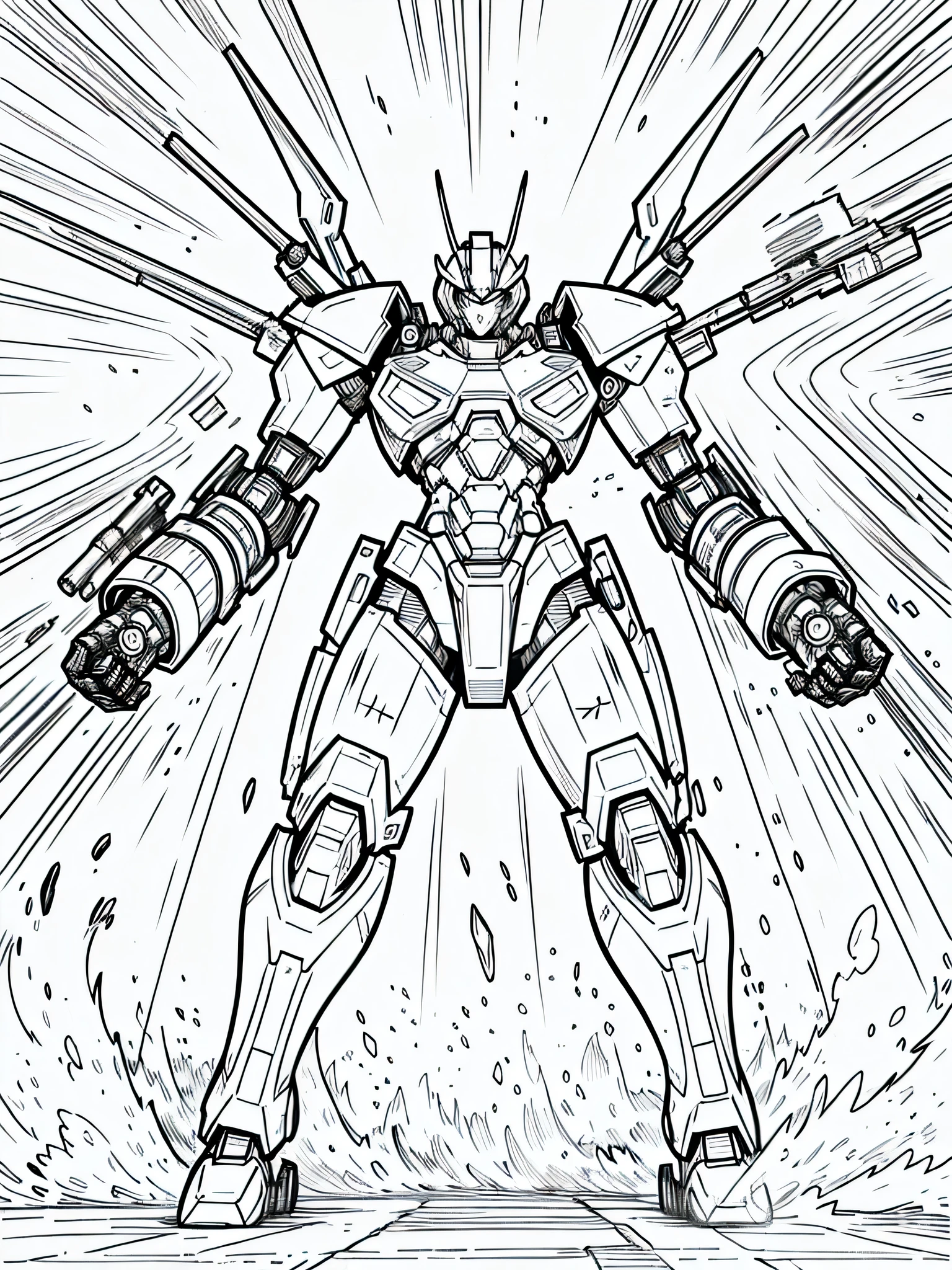 masterpiece, Best Quality, mecha firing, closeup Line art, monochrome, clean lines, black and white, his summer, coloring book page,  