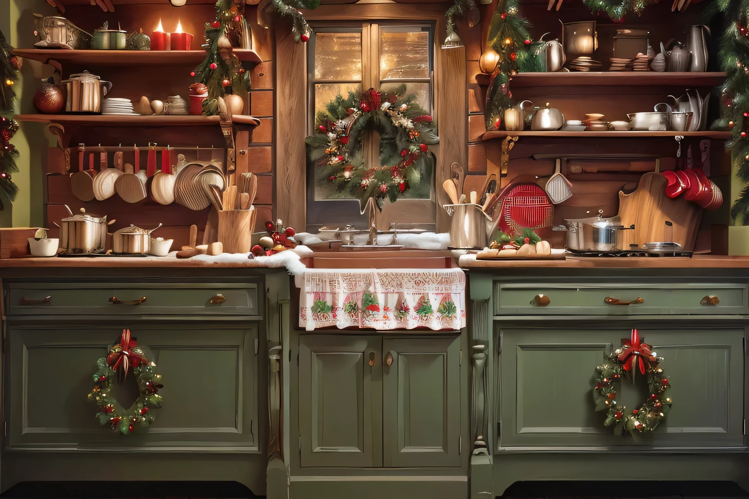 Create a cozy, vintage-style kitchen decorated for Christmas. The kitchen features green cabinets and shelves, adorned with festive wreaths, red poinsettias, and various holiday ornaments. There are rustic wooden elements, including a door and shelves with copper pots and kitchenware. The ambiance should be warm and inviting, with soft lighting that highlights the festive decorations and creates a nostalgic holiday atmosphere.