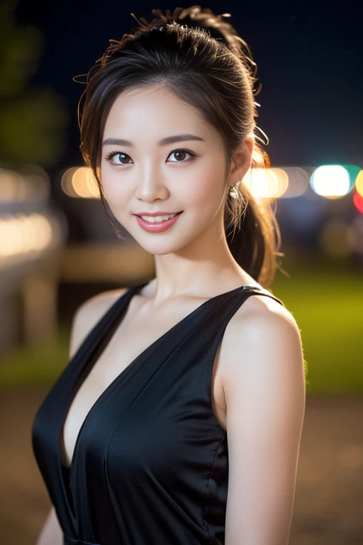 (a gorgeous lady, age 20s, classic black dress that exudes timeless elegance, posing naturally under night sky, kind smile, dimpled cheeks, short ponytail, cute snaggleteeth, ample round bosom, perfect body anatomy, photorealistic, beautiful detailed eyes, hyper-realism, high contrast, ultra HD, realistic skin textures, top image quality, top-quality, super high resolution, fine details, very meticulously, high angle shot, medium shot, cowboy shot, bokeh background, SFW)