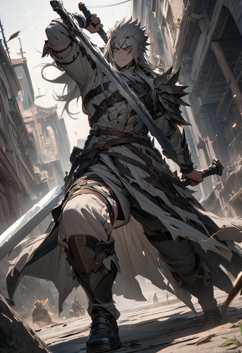 masterpiece, 8k, best quality, highly detailed, a human male warrior wielding a grey and white shortsword with a serrated blade
