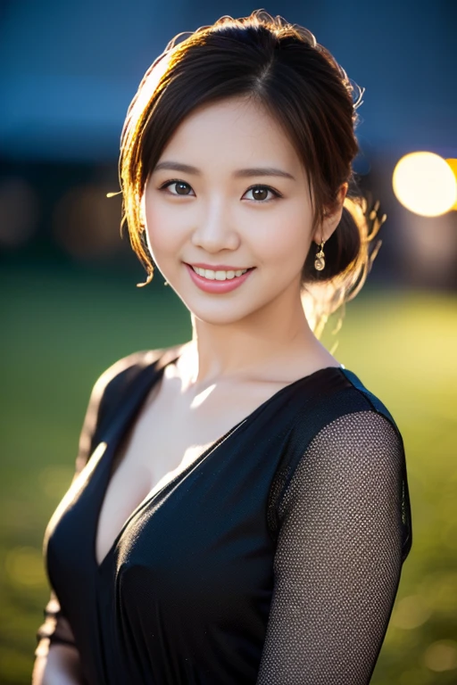 (a gorgeous lady, age 20s, classic black dress that exudes timeless elegance, posing naturally under night sky, kind smile, dimpled cheeks, short ponytail, cute snaggleteeth, ample round bosom, perfect body anatomy, photorealistic, beautiful detailed eyes, hyper-realism, high contrast, ultra HD, realistic skin textures, top image quality, top-quality, super high resolution, fine details, very meticulously, high angle shot, medium shot, cowboy shot, bokeh background, SFW)
