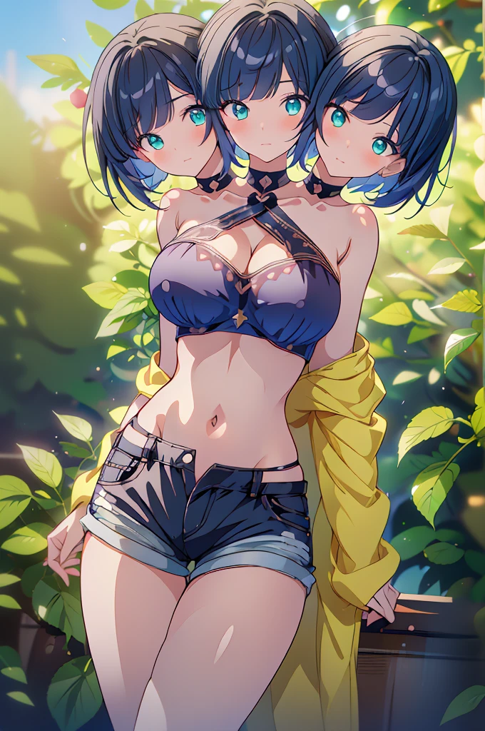 (three heads:1.3), three headed girl, woman, 26 years old, short hair, proportional hands, Yelan anime eyes, perfect body, sensual cleavage, very huge breasts, dark blue crop top, wearing black micro shorts, sexy shorts, vinyl shorts, Ultra HD, 16k image, image of best quality, (fidelity: 1.4), photoreal, light green eyes, eyelashes, beautiful pupil, shadows, slight blush, delicate facial features, reasonable facial features, exposed waist, natural poses