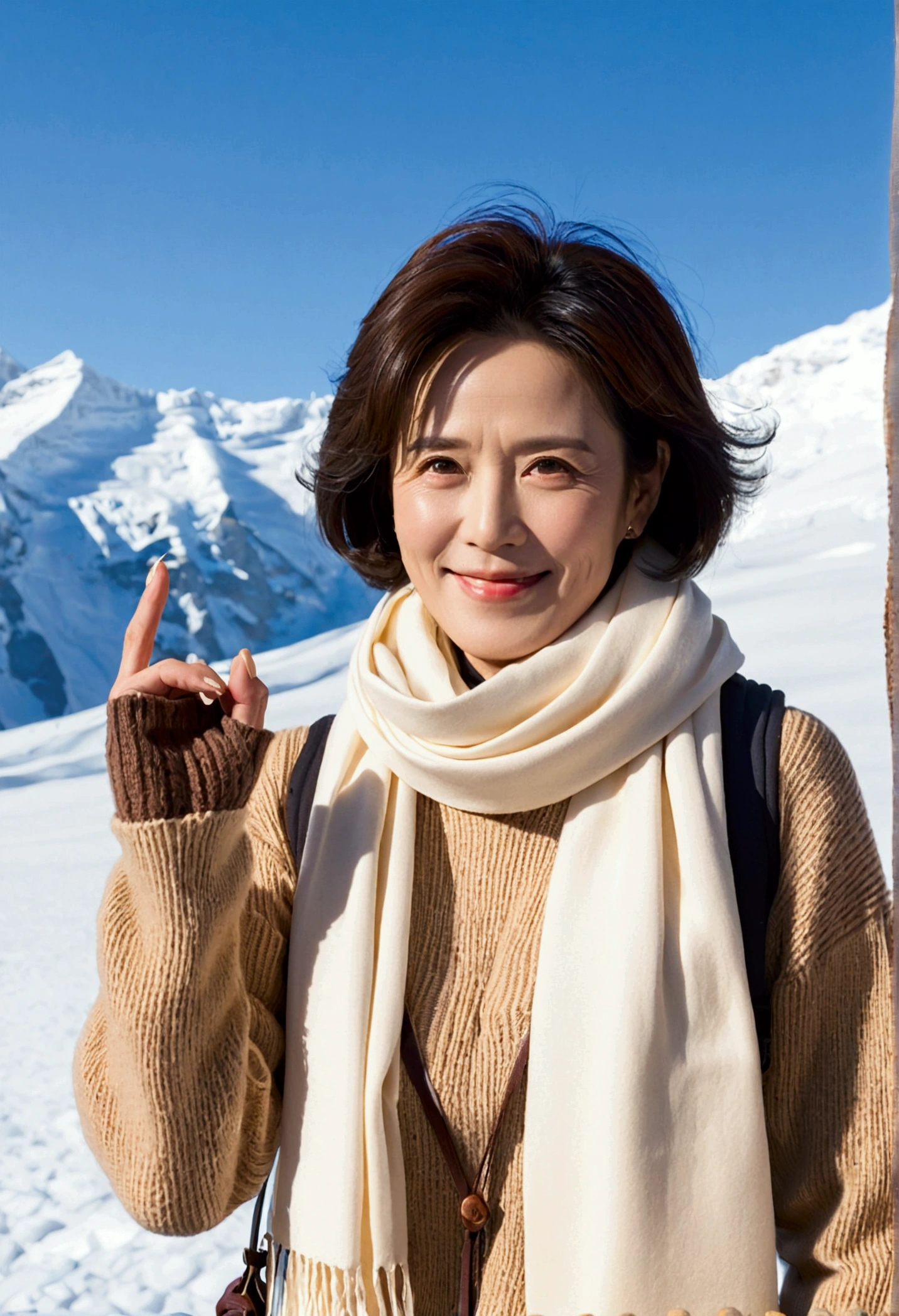 (detailed fingers), Korean woman in her 50s with short and medium hair, smiling face, short and , very beautiful.!, Get inspired by Son Ye-jin, photo realistic beautiful face, big eyes,double eyelid, black eye, Short hair, alone, Switzerland, The Jungfrau snowfield can be seen in the distance.. winter, highnecksweater, Wearing beige jean pants,, (Full body shot with Canon camera 16-35 wide angle lens, The white snow of Jungfrau can be seen in the distance.. Visible up to the waist, Woman in her 50s, A soft long scarf pulled down to the chest., clear sky, intense sunlight