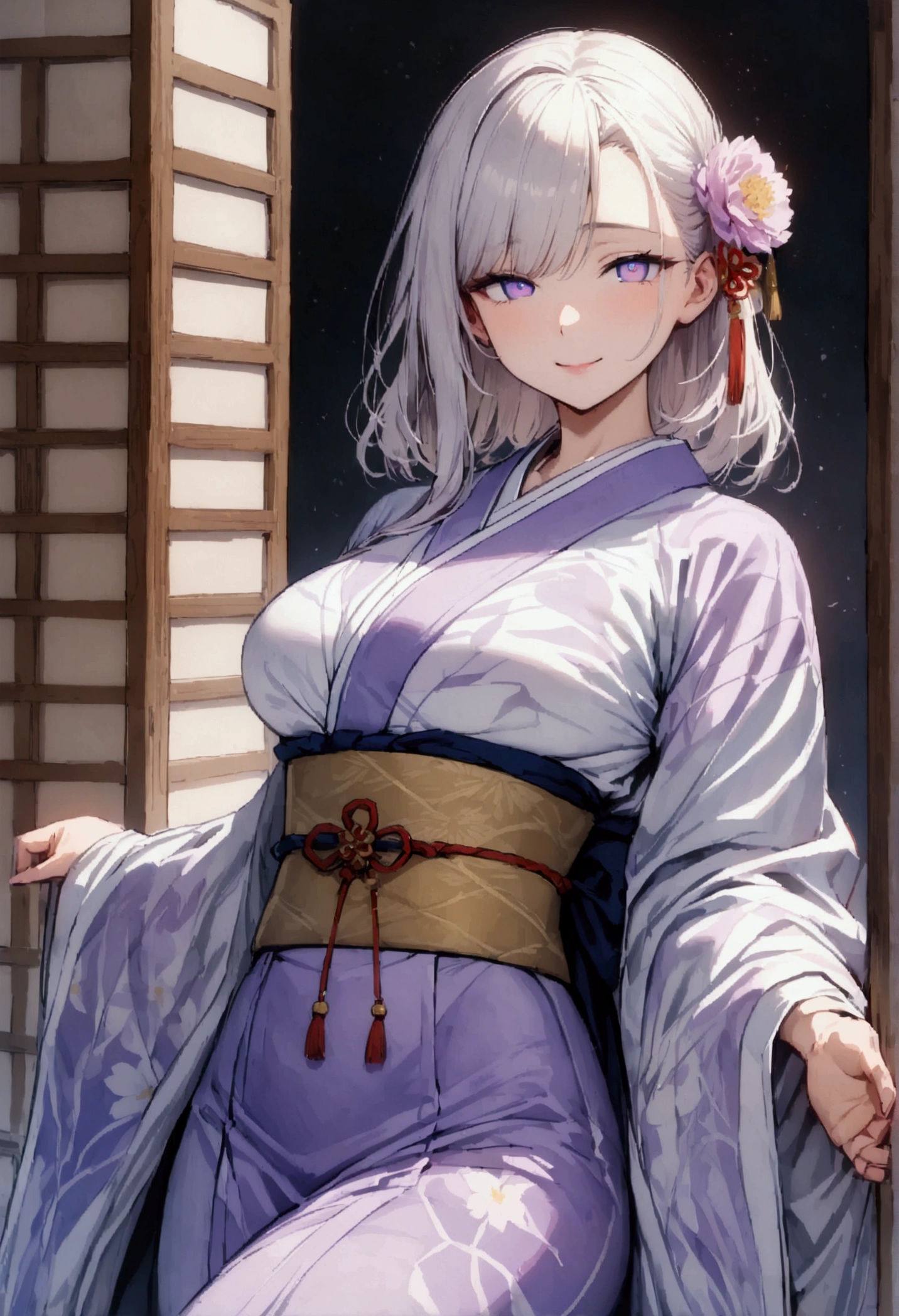 (masterpiece, Highest quality), (Ultra-high resolution, 8k , Fabric Shading, Light tones, Thin contours), 着物を着た28 years oldの女性, (Wearing a light purple Hanfu:1.2), (Wear a Japan kimono:1.2, Traditional Japanese, kimono), (Elegant yukata, Print flowers on clothes), wearing a haori, (Mature Woman, 28 years old, alone), ( Tight waist, Curvaceous Body), (Medium Hair, Asymmetrical Hair, Half Up Hair), (Bright Eyes, Detailed eyes, A face with attention to detail, Half-close your eyes), (smile, Embarrassed), (Looking at the audience:1.3), (Dynamic Angle, From a little above:0.7), (Correct Anatomy:1.5, The right move), (Ideal body proportions),