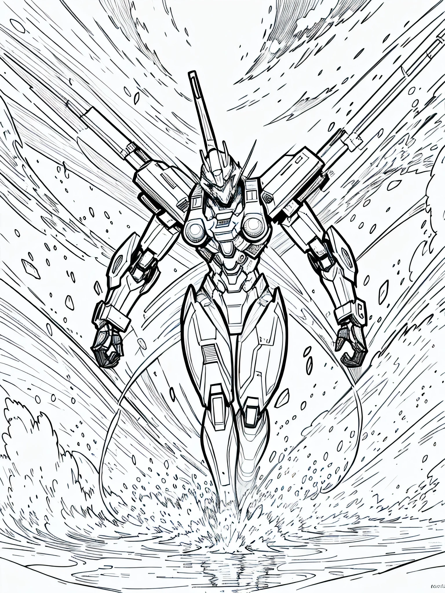 masterpiece, Best Quality, mecha firing, closeup Line art, monochrome, clean lines, black and white, his summer, coloring book page,