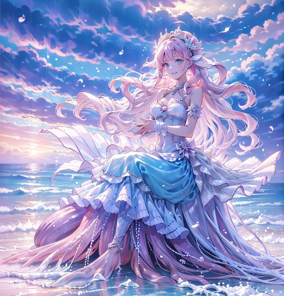 (Exquisite, beautiful, Very detailed, masterpiece, high quality, Confused, High resolution, Full HD, 16K), (woman,Mermaid),(Sitting on a large white shell),((Happy, fun, smile, Laughter:1.3)), (Bob, Wavy Hair, Pink Hair), ((bare hands:1.5)),Purple eyes, ((Sing a song:1.5)),Big eyes, Fair skin, slim,( Soft Edge, Soft lines), Wide Shot, (Saturated colors, Bright colors, pastel colour), (under the beautiful sea, Sea), Dramatic lighting, Warm lighting, Soft lighting, Fantasy, Romantic atmosphere, Dreamy atmosphere, floating