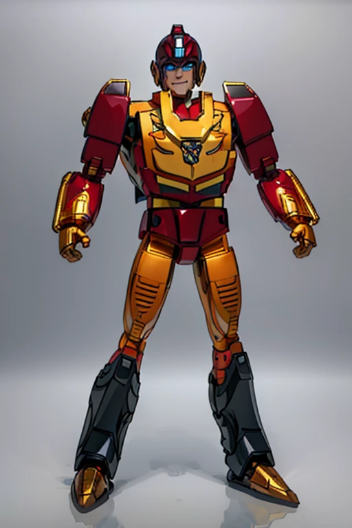 male, robot, blue eyes (((1boyl))), (((gold metal armor))), (gold metal arm guards), (gold metal leg guards), (gold metal helmet) long legs, smiling, standing