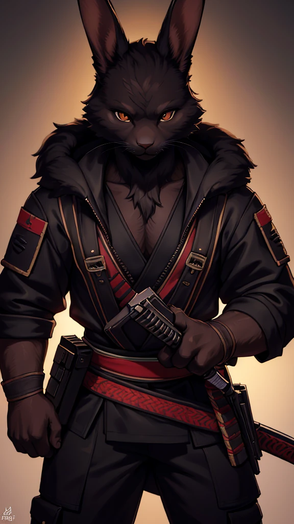 detailed portrait of a black-furred men rabbit holding two katanas wearing a bounty hunter outfit, hyper-realistic, 8k, highly detailed, masterpiece, intricate details, cinematic lighting, dramatic shadows, vibrant colors, digital art