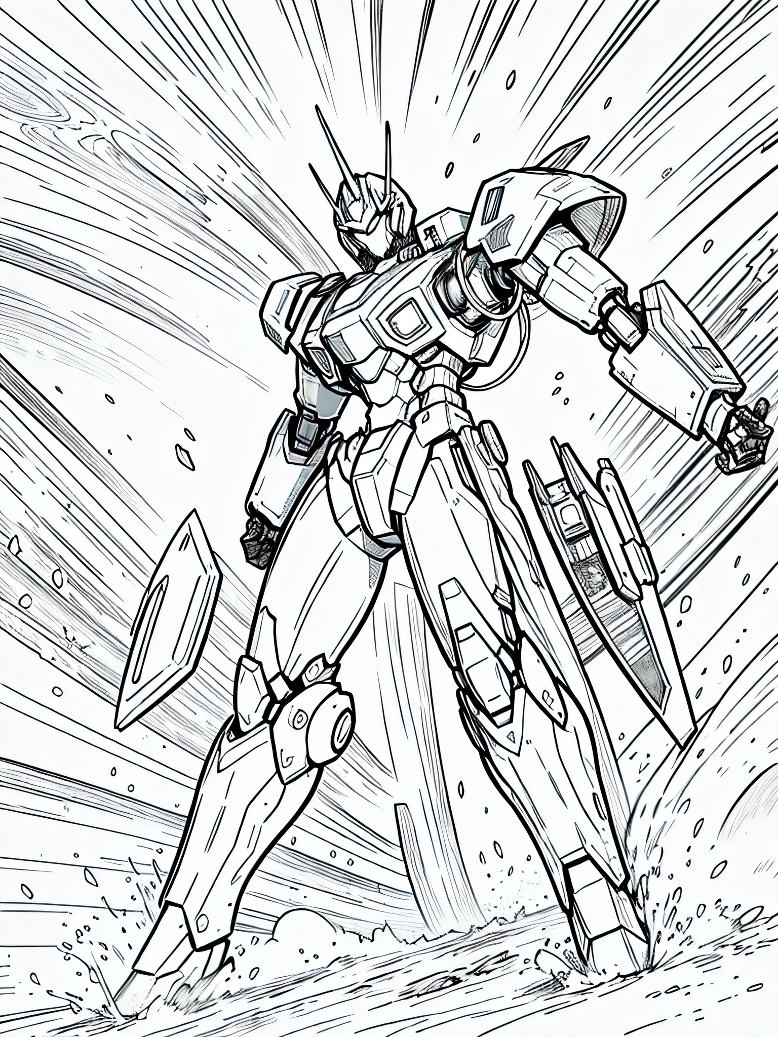 masterpiece, Best Quality, mecha firing, closeup Line art, monochrome, clean lines, black and white, his summer, coloring book page,  