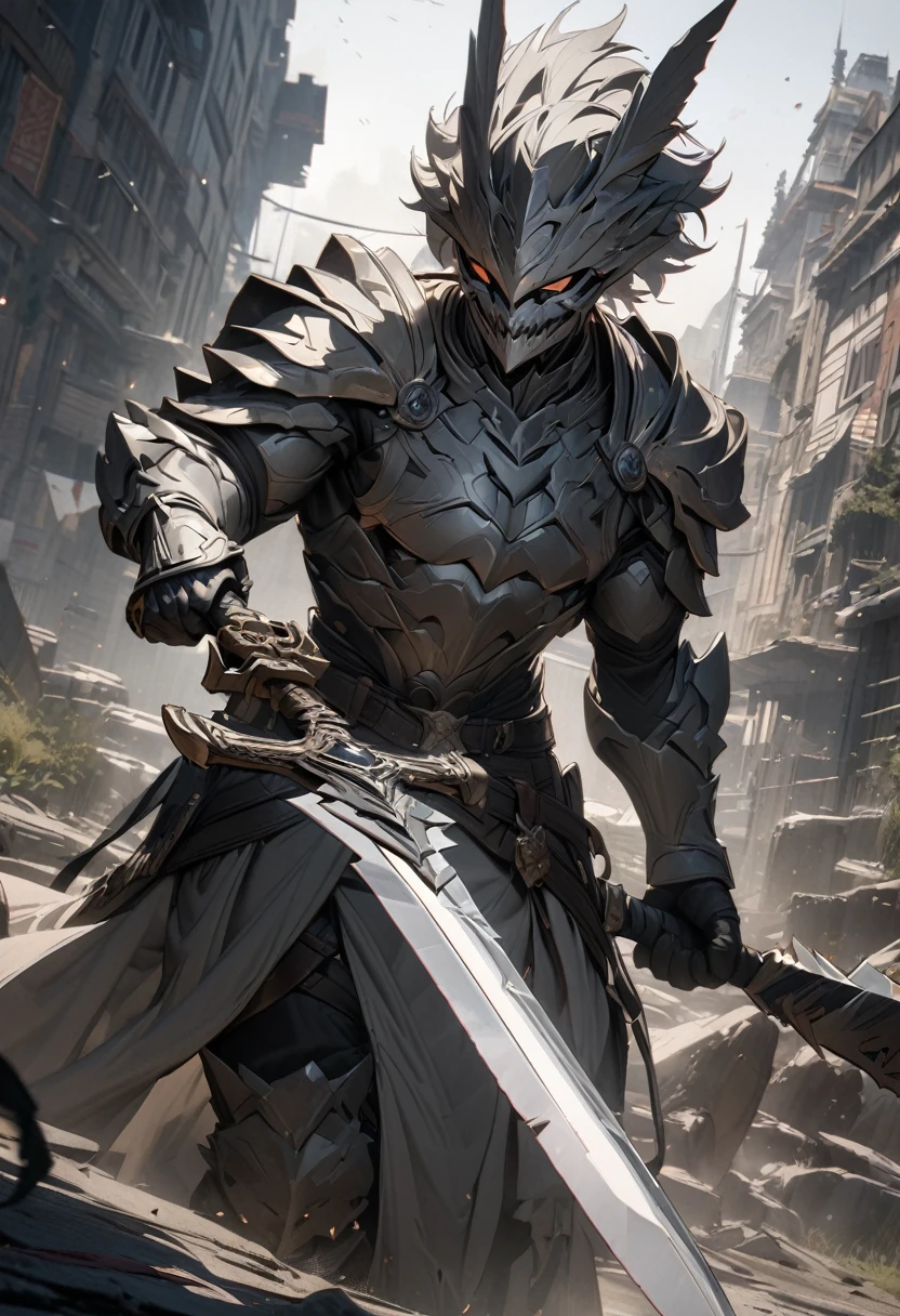 masterpiece, 8k, best quality, highly detailed, a human male warrior wielding a grey and white short sword with a serrated blade