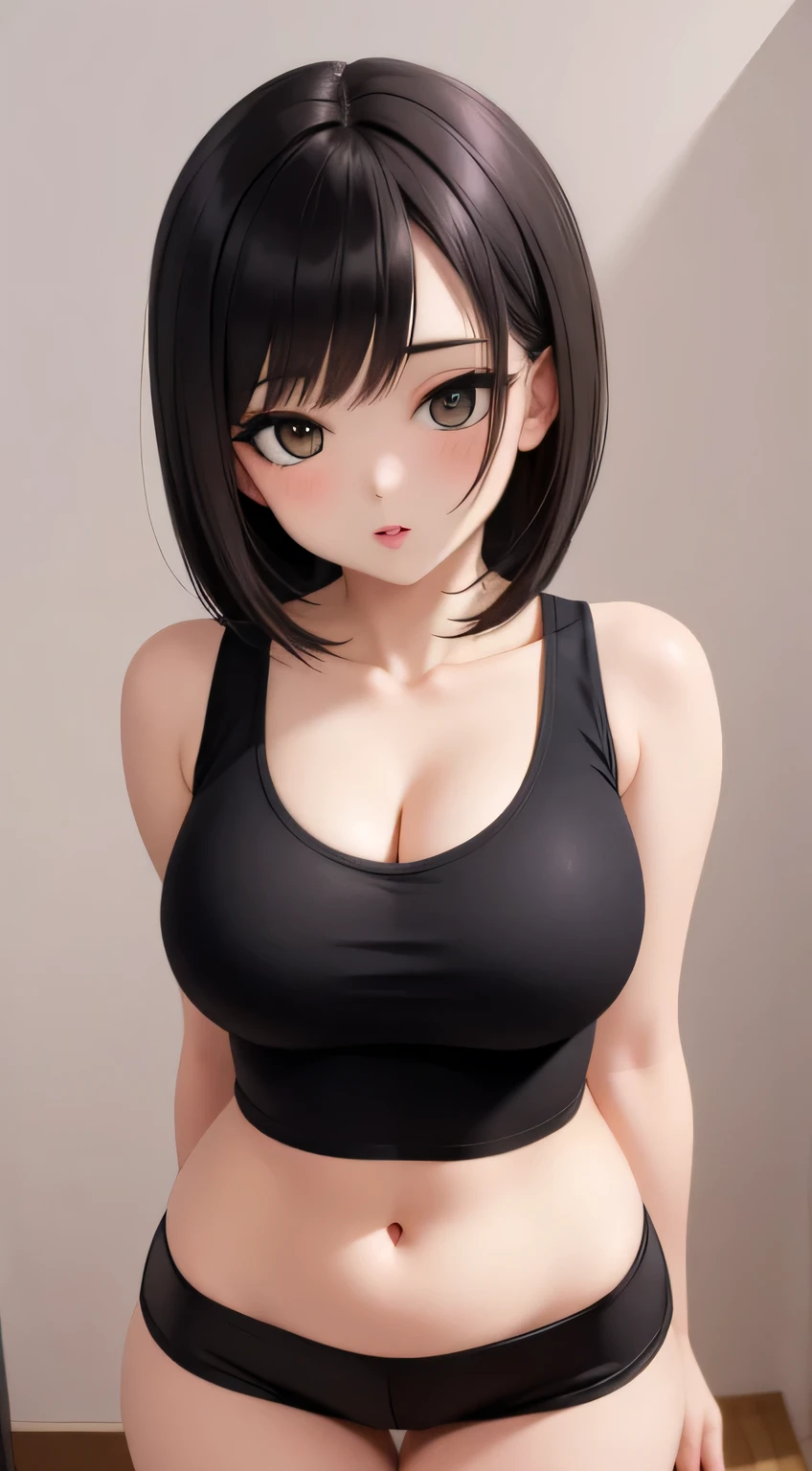 Close up shot of a sultry, stunning woman with a captivating gaze and flawless makeup, childhood best friend glowing up, accentuated by her black tank top and black short shorts, showcasing her alluring figure with thick thighs and wide hips, exuding a provocative aura.