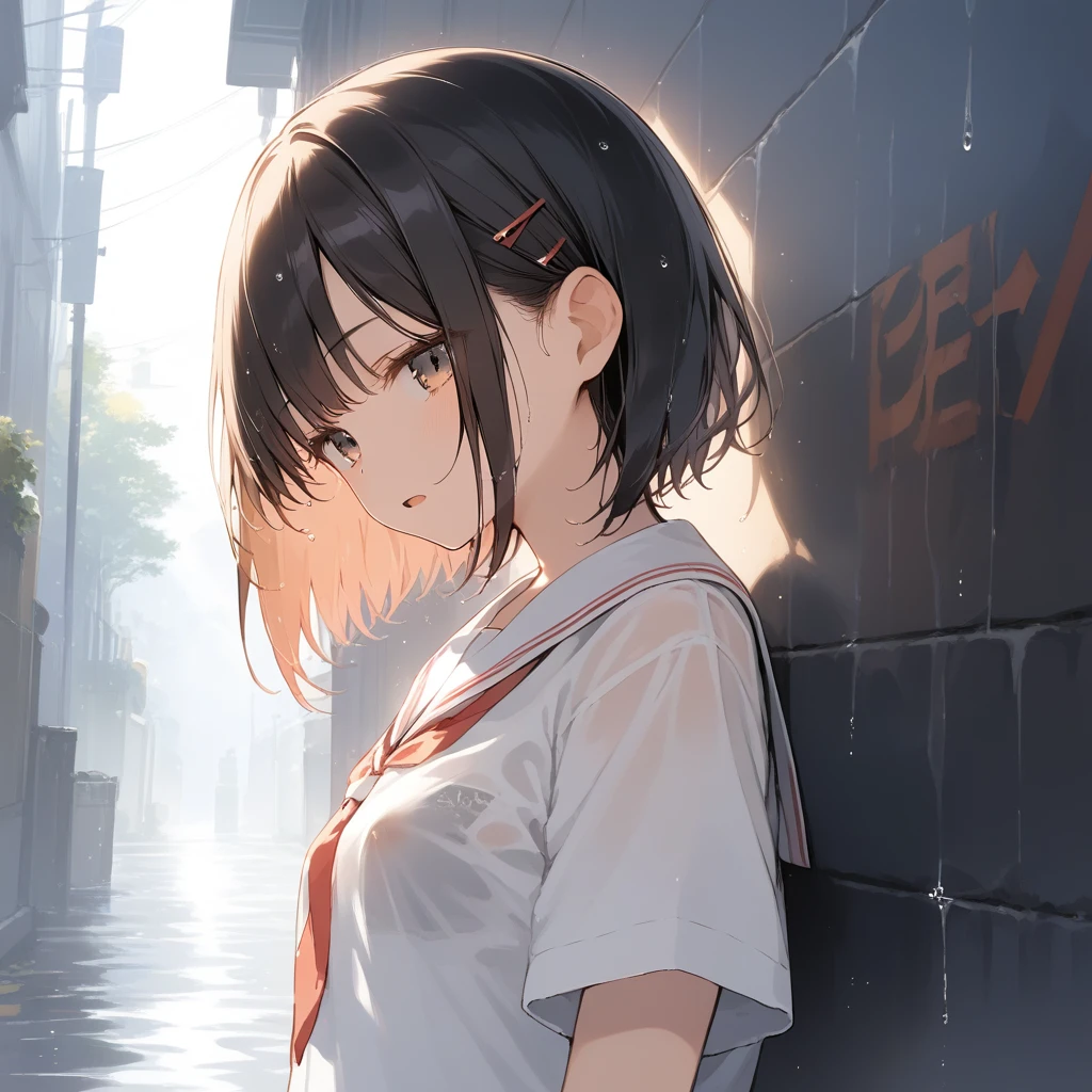 score_9, score_8_up, score_7_up, source_anime, best quality, masterpiece, official art, absurdres, highres, ultra-detailed,waifu2x,Collection: Slice of Life,break,1girl, very short hair, bob cut, small breasts, beautiful detailed eyes, expressionless, open mouth, (yawn:0.3), wet, wet clothes, school_uniform, see-through shirt, nipple, sleepily, rainy, outdoors, against wall, alley, break,(clear line illustration:1.2), super detailed skin,very high resolution, very aesthetic, Best sexual lighting powered by famous artist, 8k,cute picture,beauty illustration,photoshop_(medium),,(Detailed Lighting),best anime 8k konachan wallpaper, pixiv contest winner, 