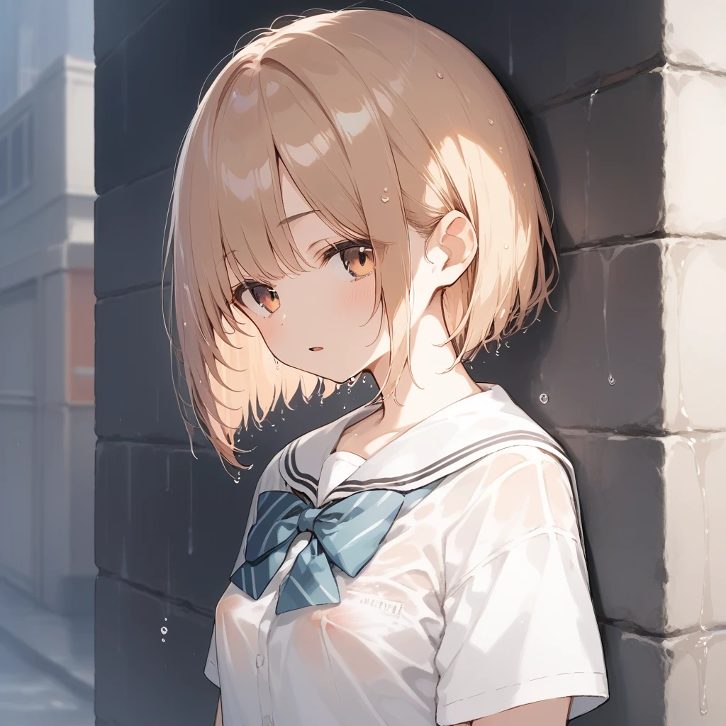 score_9, score_8_up, score_7_up, source_anime, best quality, masterpiece, official art, absurdres, highres, ultra-detailed,waifu2x,Collection: Slice of Life,break,1girl, very short hair, bob cut, small breasts, beautiful detailed eyes, expressionless, open mouth, (yawn:0.3), wet, wet clothes, school_uniform, see-through shirt, nipple, sleepily, rainy, outdoors, against wall, alley, break,(clear line illustration:1.2), super detailed skin,very high resolution, very aesthetic, Best sexual lighting powered by famous artist, 8k,cute picture,beauty illustration,photoshop_(medium),,(Detailed Lighting),best anime 8k konachan wallpaper, pixiv contest winner,