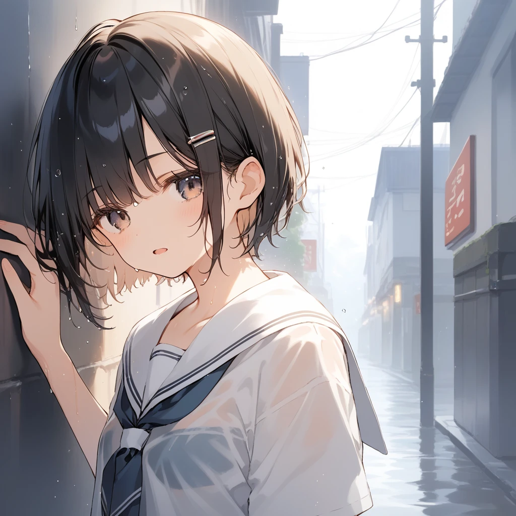 score_9, score_8_up, score_7_up, source_anime, best quality, masterpiece, official art, absurdres, highres, ultra-detailed,waifu2x,Collection: Slice of Life,break,1girl, very short hair, bob cut, small breasts, beautiful detailed eyes, expressionless, open mouth, (yawn:0.3), wet, wet clothes, school_uniform, see-through shirt, nipple, sleepily, rainy, outdoors, against wall, alley, break,(clear line illustration:1.2), super detailed skin,very high resolution, very aesthetic, Best sexual lighting powered by famous artist, 8k,cute picture,beauty illustration,photoshop_(medium),,(Detailed Lighting),best anime 8k konachan wallpaper, pixiv contest winner,