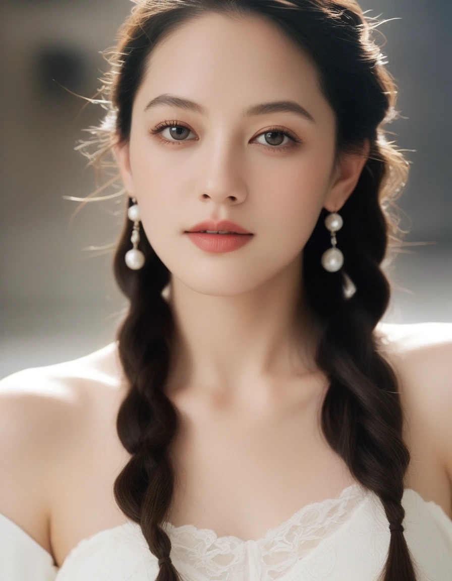 xxmixgirl, quite a bit body of a beautiful long and slender cute face Japanese girl, A gorgeous young cute asian woman in a sexy glamourous outfit, happy smiling, still from the film, ((young Marion Cotillard face : 1.2)), ((young Anne Hathaway face: 1.0)), from front, realistic portrait photo of a cute 21 years old girl, looks at viewer, wavy nose, full lips, natural skin, skin moles,(cinematic, film grain:1.1), ((asian winged eyes, very long and slender slim face, windy tousled, very long straight black hair)), pretty eyes, gorgeous, sexy, alluring, makeup, perfect face, seductive look, A fashion show in wedding costume, short white lace dress, white lace stockings, white high heel sandals, white corset, blonde hair in braids, 4K, Fashion show situation , a virtual audiences, futuristic colour, place, (Leica SL3, Summicron-SL 75 f/2 ASPH, kodak Ektar 200 film), hands up, bokeh, silhouette, shallowed depth of field, dynamic action pose, hands up,