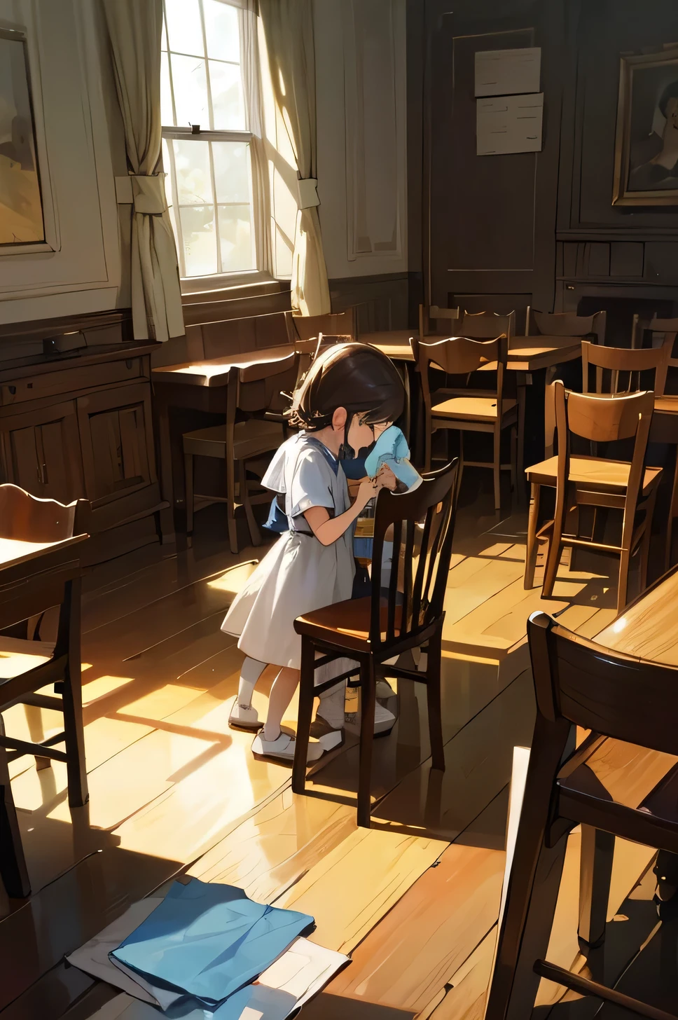 cafe chair,standing,cleaning,polishing,handkerchief,,children