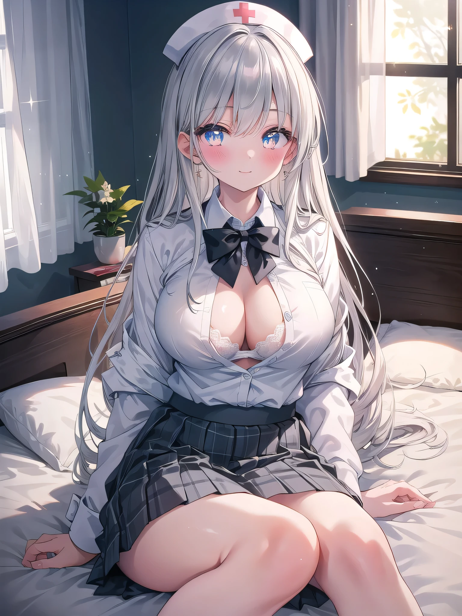 (8K, Best Quality, Masterpiece:1.3)), Ultra High Resolution, (One Girl, One Person), (Color Changing Eyes, Super Detailed, Expressive Sparkle, Sparkling, Glowing Eyes), Highly Detailed Eyes, Highly Detailed Face, Random Hair, (Silver Gray Color), "A woman lying on her back wearing a blazer with a low neckline." The background is the school nurse's office, lined with beds and curtains. It is after school, and the soft light from the window warmly illuminates the entire nurse's office. The woman is lying on her back, her silver hair spread across the pillow.
She is wearing a black blazer with a low neckline. The V-shaped cut of the blazer accentuates her chest, and a cute light blue bra is visible underneath. The bra is decorated with lace and ribbons. The skirt of her uniform is slightly lifted, and the skirt above her knees hangs over the edge of the bed.
She is wearing a peaceful smile with a slight blush. Her figure blends in with the tranquil atmosphere of the nurse's office, and the lighting in the background adds a soft glow to the whole image.