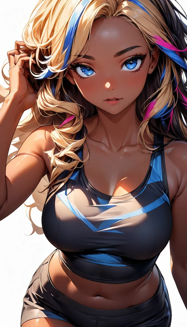 (highest quality:1.2, Very detailed, up to date, Vibrant, Ultra-high resolution, High Contrast, masterpiece:1.2, highest quality, Best aesthetics), Portraiture、girl、slim, Bright colors、black sports bra, short pants, Beautiful fine details、(Beautiful lip detail:1)、long hair, ((wavy hair:0.4))、messy hair, blonde and blue ((streaked hair:1.3)), highlights hair: 1.3, (medium breast:1), (tan skin:1.3), Front facing, (No background:1.4), ((Plain white background:1.3)), (cowboy shot:1.5), looking viewer