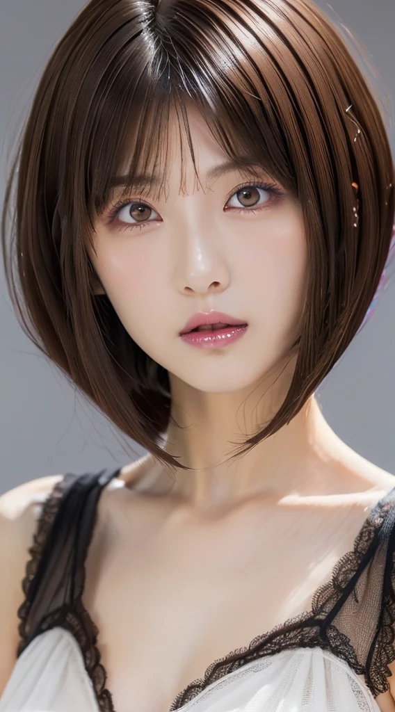((Bust up shot:1.6))、One woman、1 photo、((flat and small breasts:1.7))、((sensual look:1.8))、((ID photo:1.4))、((Apply beautiful makeup:1.7))、((A pale cherry-colored lip for moisturized lips:1.5))、((Girl in white strapless negligee:1.5))、((No underwear:1.5))、Natural Shading、((Moist eyes:1.3))、(K-Pop Idols)、Serene and goddess-like beauty、((Slightly parted lips:1.3))、Natural Shading、((((Beautiful short bob cut brown hair:1.5))))、((Chestnut-haired Japanese woman)))、(Yin and Yang Expressions:1.5)、masterpiece, Highest quality, 8k, High-definition image quality, (Upper body:1.4), Beautiful girls, Beautiful face, Looking at the audience, Surreal, High resolution, Sharp focus, High resolution, フェイスLight, Dynamic Lighting, Light, Professional Shadow, Simple Background, (Dull grey background:1.4), Highest detail, Very detailed, Ultra-detailed, In detail, Real Skin, Delicate facial features, Detailed face and eyes, Sharp pupils、live action idol