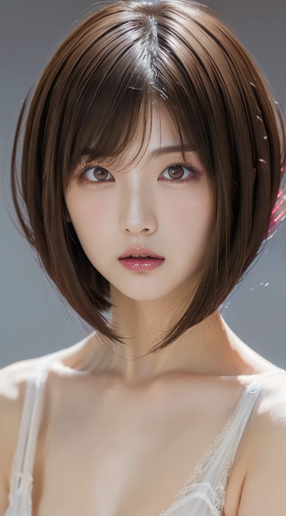 ((Bust up shot:1.6))、One woman、1 photo、((flat and small breasts:1.7))、((sensual look:1.8))、((ID photo:1.4))、((Apply beautiful makeup:1.7))、((A pale cherry-colored lip for moisturized lips:1.5))、((Girl in white strapless negligee:1.5))、((No underwear:1.5))、Natural Shading、((Moist eyes:1.3))、(K-Pop Idols)、Serene and goddess-like beauty、((Slightly parted lips:1.3))、Natural Shading、((((Beautiful short bob cut brown hair:1.5))))、((Chestnut-haired Japanese woman)))、(Yin and Yang Expressions:1.5)、masterpiece, Highest quality, 8k, High-definition image quality, (Upper body:1.4), Beautiful girls, Beautiful face, Looking at the audience, Surreal, High resolution, Sharp focus, High resolution, フェイスLight, Dynamic Lighting, Light, Professional Shadow, Simple Background, (Dull grey background:1.4), Highest detail, Very detailed, Ultra-detailed, In detail, Real Skin, Delicate facial features, Detailed face and eyes, Sharp pupils、live action idol