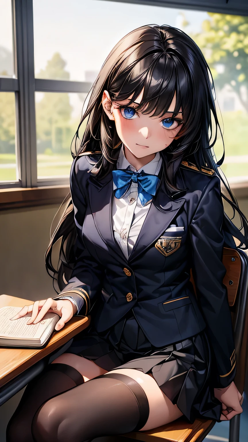 (masterpiece, Highest quality:1.2), (Realistic, photoRealistic:1.3), Browsing Caution, View your viewers, 1 girl, high school girl, Perfect Face, Glowing Skin, (Long Hair）,Black Hair, Blue eyes, Long eyelashes, Beautiful Hair, Beautiful Face, Beautiful attention to detail, (Blazer uniform, Pleated mini skirt,Black Stockings), A bow tie, (Tense face）,Sitting on a chair in the classroom,Holding a book,Perfect Fingers