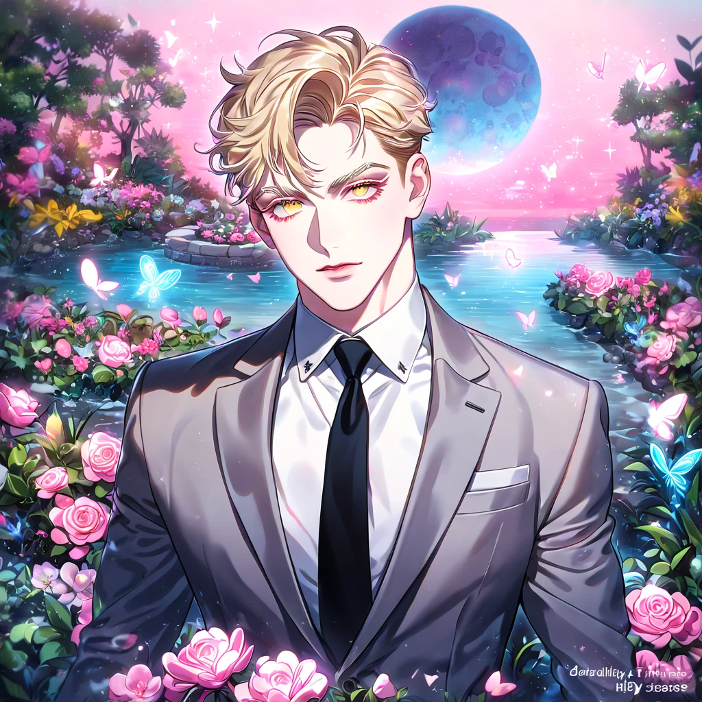 (absurdres, highres, ultra detailed, HDR) master piece, best quality, Sung Hyunjae, ash-blonde hair, expressive yellow eyes, blonde eyelashes, The S-Classes That I Raised, solo, sexy man, handsome, gray suit, black necktie, white shirt, fantasy, magical, water, pink moon, pink flowers, pink butterflies, garden