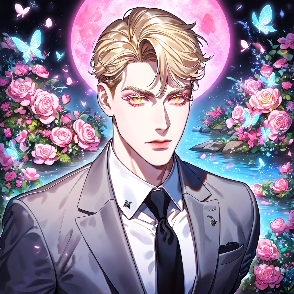 (absurdres, highres, ultra detailed, HDR) master piece, best quality, Sung Hyunjae, ash-blonde hair, expressive yellow eyes, blonde eyelashes, The S-Classes That I Raised, solo, sexy man, handsome, gray suit, black necktie, white shirt, fantasy, magical, water, pink moon, pink flowers, pink butterflies, garden