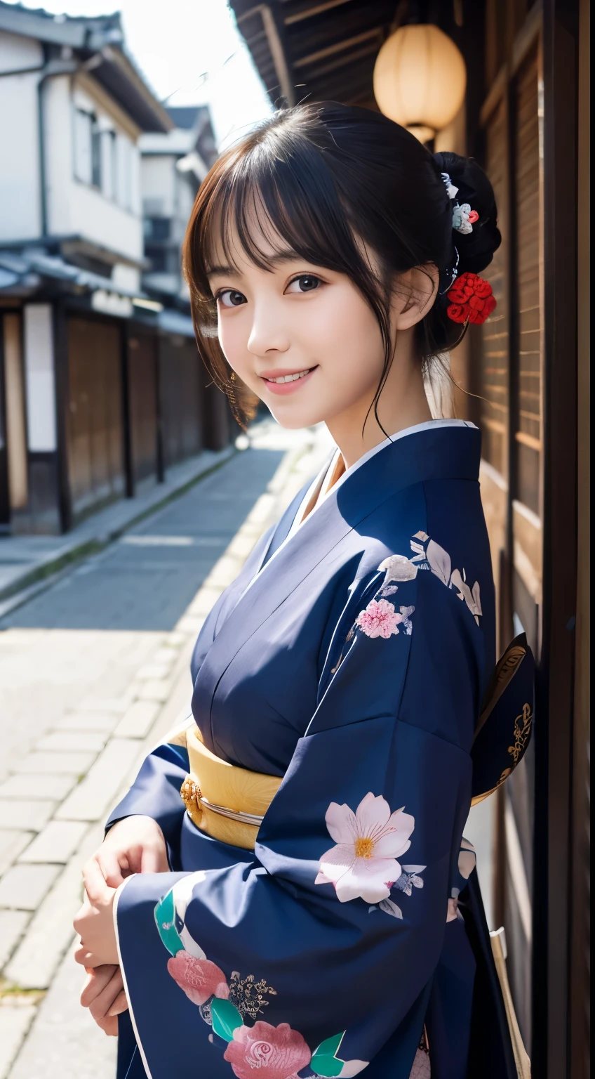 Professional Lighting,(Realistic:1.4), (Top image quality:1.0), (超High resolution:1.0), 8k, Raw photography, (masterpiece:0.2), (Dealing with the Children_v1:0.5)、(最高quality Detail:1.2)、Realistic、8kウルトラHD、High resolution、(1 girl:1.2)、超detailedな、High quality textures、複雑なdetailed、detailed、Very detailed CG、High quality shadows、detailed 美しく繊細な顔、Beautiful details and a delicate eye、(Symmetrical eyes:1.2),Written boundary depth、Ray Tracing,1 girl, Japanese Girls, (Natural smile:1.4),cute, thin, Portrait of a beautiful Japanese woman in a kimono, Standing elegantly on a street corner in Kyoto. Kimono with vibrant traditional patterns, Hair decorated with elegant and delicate hairpins, Gentle expression. (With the old streets of Kyoto in the background:1.4)、The soft light of a spring afternoon、Adding tranquility to the scene. Rendered in a Realistic style with great attention to detail, High resolutionの画像.Sky Porn, Magic Hour, (Realistic:1.3), finely, quality, (Tabletop:1.2), (Realistic:1.2), (最高quality), (複雑なdetailed), dramatic, Ray Tracing, photograph, +roller
