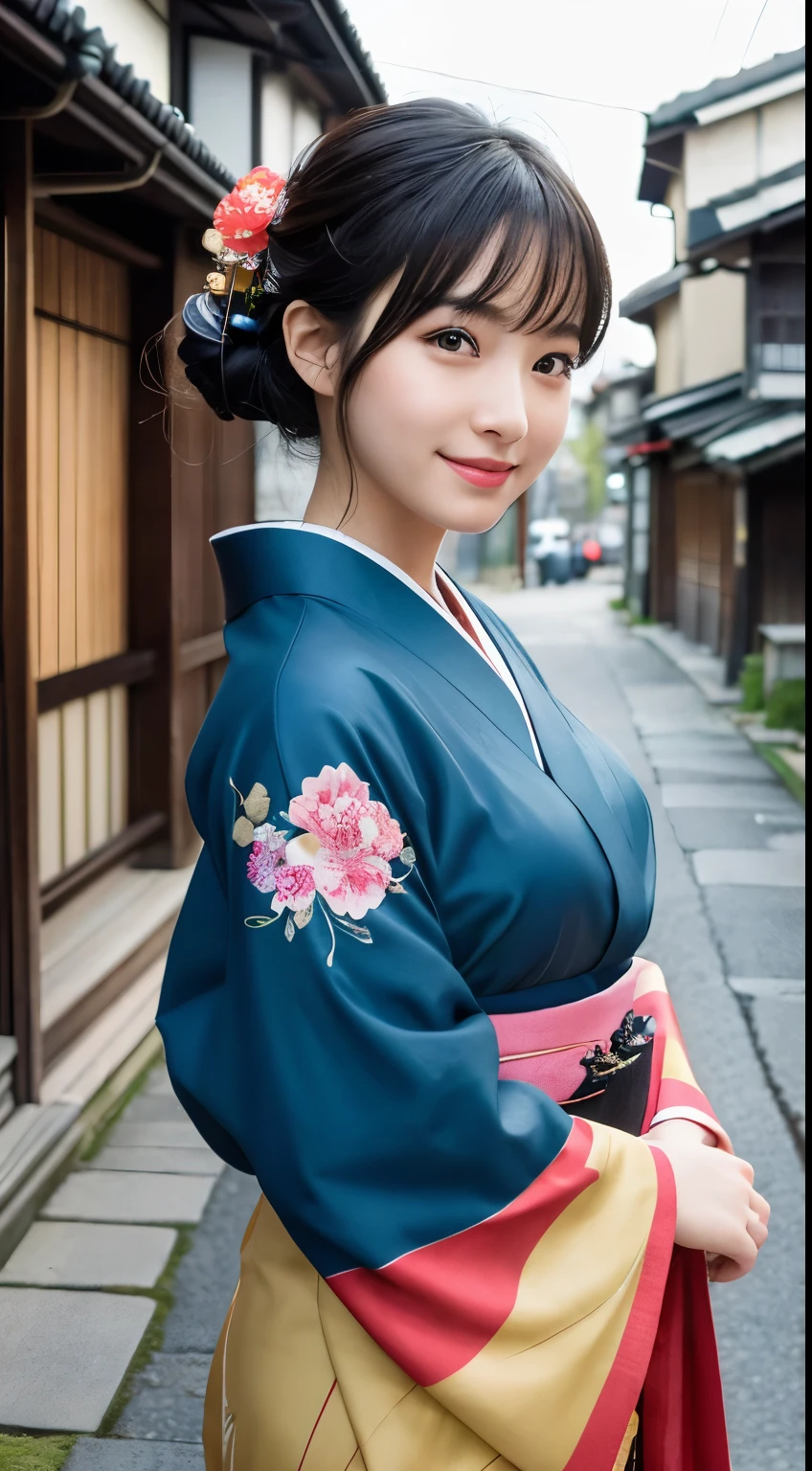 Professional Lighting,(Realistic:1.4), (Top image quality:1.0), (超High resolution:1.0), 8k, Raw photography, (masterpiece:0.2), (Dealing with the Children_v1:0.5)、(最高quality Detail:1.2)、Realistic、8kウルトラHD、High resolution、(1 girl:1.2)、超detailedな、High quality textures、複雑なdetailed、detailed、Very detailed CG、High quality shadows、detailed 美しく繊細な顔、Beautiful details and a delicate eye、(Symmetrical eyes:1.2),Written boundary depth、Ray Tracing,1 girl, Japanese Girls, (Natural smile:1.4),cute, thin, Portrait of a beautiful Japanese woman in a kimono, Standing elegantly on a street corner in Kyoto. Kimono with vibrant traditional patterns, Hair decorated with elegant and delicate hairpins, Gentle expression. (With the old streets of Kyoto in the background:1.4)、The soft light of a spring afternoon、Adding tranquility to the scene. Rendered in a Realistic style with great attention to detail, High resolutionの画像.Sky Porn, Magic Hour, (Realistic:1.3), finely, quality, (Tabletop:1.2), (Realistic:1.2), (最高quality), (複雑なdetailed), dramatic, Ray Tracing, photograph, +roller