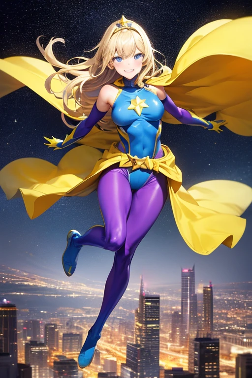 ((best quality)), ((masterpiece)), (detailed), 1 girl, Full body, 19 years old, Smiling face, Blue eyes, Star-shaped tiara, Arms outstretched, Arms behind waist, Blue superhero mask, Blushing, Blonde hair, Straight hair, Long hair, Bangs, Hair ornaments, Star hair ornaments, Full body, Medium breasts, Slim body, Hands with yellow stars, Yellow wristbands, Long purple gloves, Blue gloves, Blue gloves, Yellow shoulder pads, Superhero costume, Superheroes, Yellow leotard suit, With a big yellow star in the center, Star emblem, Somewhat tight, Long yellow cape on waist, Red belt, Purple legs, Purple pantyhose, Long blue boots, Flying, City background, Anime