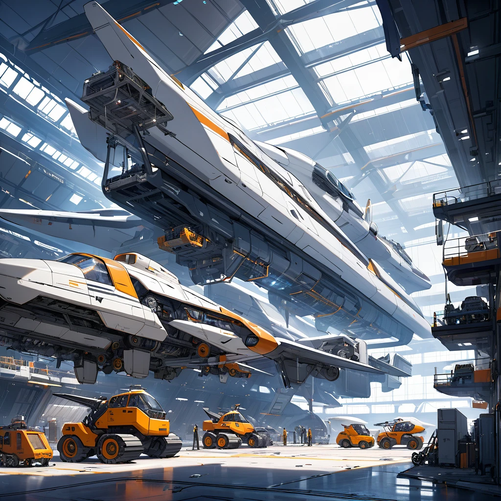 futuristic hangar, spaceships parked and unmanned, repair machinery and spare parts such as airplane wings and engines scattered throughout the area.