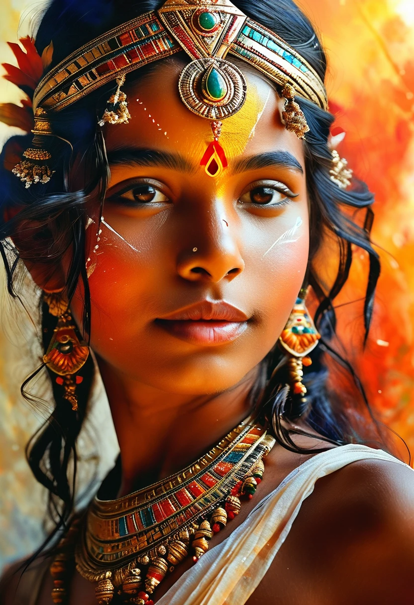 Painting of a ancient hindu goddess (((mythical))), , watercolor, erotic sexy triangle half body, clear face, glamourous, cinematic light, raw painting, fine arts, ((((Raw detail)))), masterpiece, Extremely Realistic, Realism, Portrait, Raw photo, cinematic neon lighting, oil painting, High detailed , brushed, Extremely Realistic, r4w photo, klmgirl,High-resolution detail capturing the natural texture of the skin, including pores, fine lines, and natural highlights and shadows, Emphasize a natural, healthy glow, showcasing the beauty of real dark skin, A graceful, confident posture with a gentle smile or a serene expression