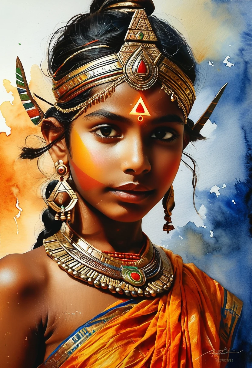 Painting of a ancient hindu goddess (((mythical))), 10 years old, watercolor, erotic sexy triangle half body, clear face, glamourous, cinematic light, raw painting, fine arts, ((((Raw detail)))), masterpiece, Extremely Realistic, Realism, Portrait, Raw photo, cinematic neon lighting, oil painting, High detailed , brushed, Extremely Realistic, r4w photo, klmgirl,High-resolution detail capturing the natural texture of the skin, including pores, fine lines, and natural highlights and shadows, Emphasize a natural, healthy glow, showcasing the beauty of real dark skin, A graceful, confident posture with a gentle smile or a serene expression