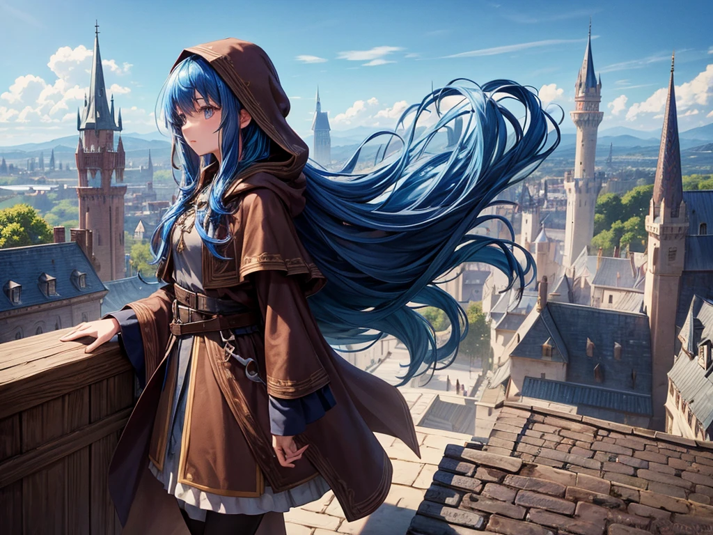 1girl, blue hair, long hair, brown hood, (brown cloak, plain), castle rooftop, castle, detailed background