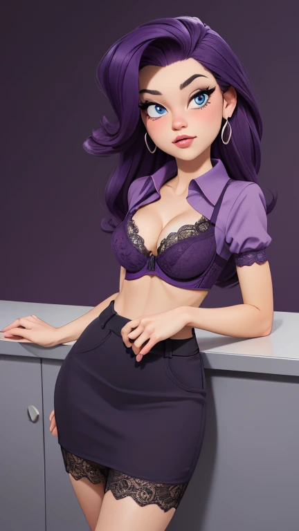 Flat colors,cowboy shott, Rarity , Long purple hair,blue eyes, seductive look, natural beaty, beautiful, ((black semi formal blouse, puffy short sleeves)), cleavage, purple pencil skirt, heels masterpiece, (([office background])), leaning against desk, (((unbuttoned blouse))), (((purple lace bra)))
