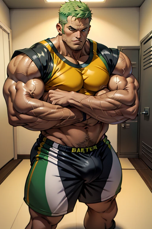 Sanji and Roronoa Zoro from One Piece stand next to each other in a locker room in football uniforms staring ahead blankly. Turning into obedient hypnotized jock bros on a football team. Drinking protein shakes that turn them bigger and dumber. Growing bigger muscles and crotch bulges. Both have trained themselves to look and act like big dumb bodybuilder jocks. Blending in with the other bodybuilder jocks. Assimilation. Dumb jock bros. Blank stares. Hyper crotch bulges. Dumber and dumber. IQ drain. Both equally muscular. Sanji to Zoro: "Bro, I feel ... kinda ... uhhh ... stupid...?" Zoro to Sanji: "You, too? Like, ... my head gets all fuzzy, and I keep feeling ... dumber, and ... dumber, and ... dumber....." Both speak in unison with dull monotone voices: "Will ... be dumb ... for Coach.... Bigger and bigger ... dumber and dumber.... Huhuhuh.... Yes, Coach. A good dumb jock is big and dumb. Big dumb jock bros what we'll become.... Must grow big..... Must grow dumb.... Don't think.... Obey Coach.... Yes, Coach, we must obey.... The Big Dumb Jocks are here to stay...." Chuckling vapidly. Drooling. Hyper biceps. Hyper triceps. Broad shoulders. Thick, meaty hyper pecs. Hyper traps. Big deltoids. Big lats. Tank tops. Blank stare. Open mouths. Vapid. bros. bodybuilders. IQ drain. Jocks. hypnosis. dumber. Big crotch bulges. Dumbing down. Brainwashing. Giant muscles. Hyper muscles. Dumber and dumber. Bigger and bigger. Muscleheads. Meatheads. Jocks. Hypnotized. Brainwashed. Brainwashing. Subliminal hypnosis. Both flexing. Both showing off hairy armpits. Tall and muscular. mindless. Brainless. Jock bro assimilation. Integration. Conformity. Brutes. Muscleheads. Hairy pecs. Treasure trail. Brutification. Brutish.