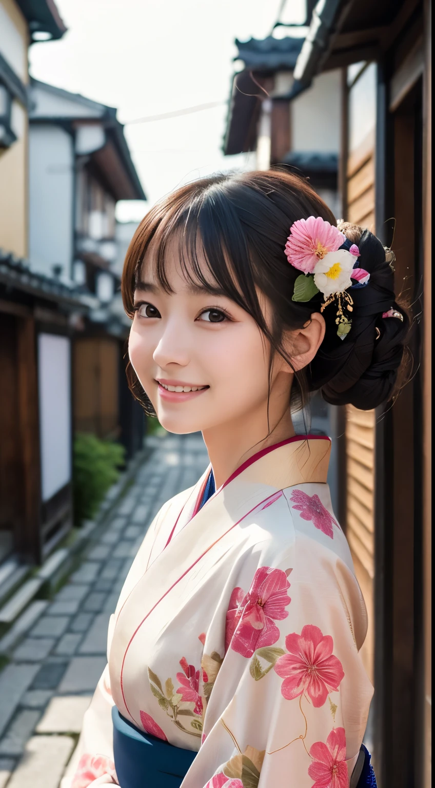 Professional Lighting,(Realistic:1.4), (Top image quality:1.0), (超High resolution:1.0), 8k, Raw photography, (masterpiece:0.2), (Dealing with the Children_v1:0.5)、(最高quality Detail:1.2)、Realistic、8kウルトラHD、High resolution、(1 girl:1.2)、超detailedな、High quality textures、複雑なdetailed、detailed、Very detailed CG、High quality shadows、detailed 美しく繊細な顔、Beautiful details and a delicate eye、(Symmetrical eyes:1.2),Written boundary depth、Ray Tracing,1 girl, Japanese Girls, (Natural smile:1.4),cute, thin, Portrait of a beautiful Japanese woman in a kimono, Standing elegantly on a street corner in Kyoto. Kimono with vibrant traditional patterns, Hair decorated with elegant and delicate hairpins, Gentle expression. (With the old streets of Kyoto in the background:1.4)、The soft light of a spring afternoon、Adding tranquility to the scene. Rendered in a Realistic style with great attention to detail, High resolutionの画像.Sky Porn, Magic Hour, (Realistic:1.3), finely, quality, (Tabletop:1.2), (Realistic:1.2), (最高quality), (複雑なdetailed), dramatic, Ray Tracing, photograph, +roller